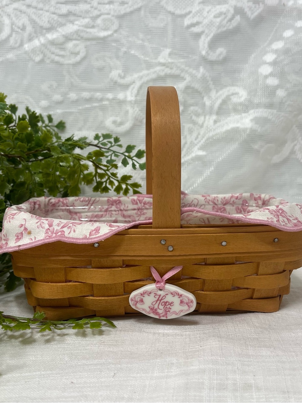 Longaberger Brown Wood Basket with Pink Floral Liner and 'Hope' Charm